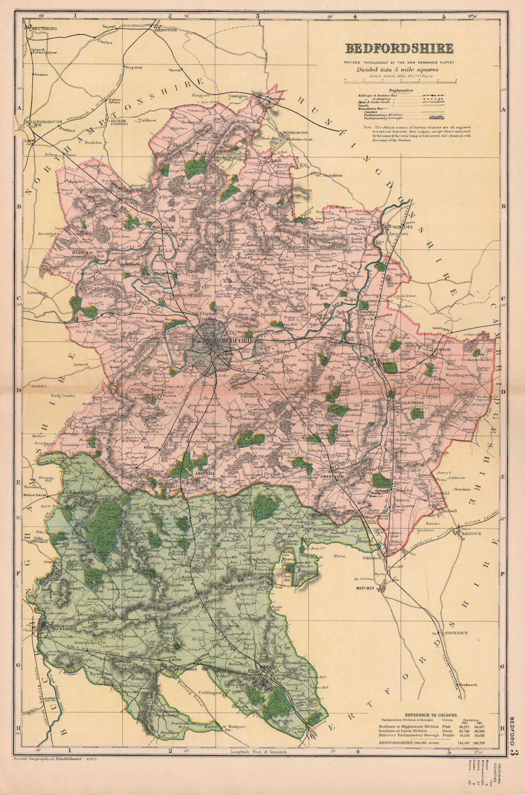 BEDFORDSHIRE. Showing Parliamentary divisions, boroughs & parks. BACON 1901 map